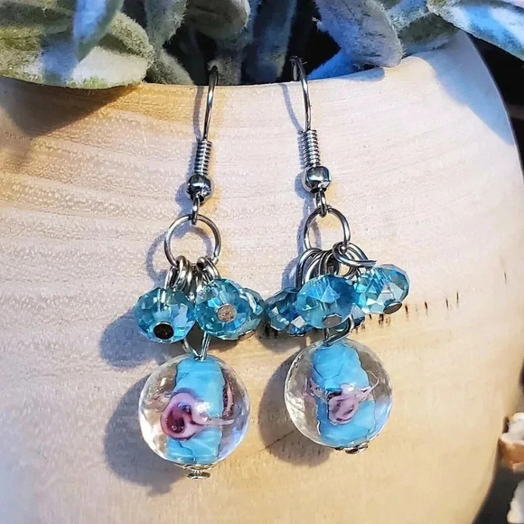Handcrafted Turquoise Blue Murano Glass Flower Czech Crystal Beads Earrings - Picture 1 of 7